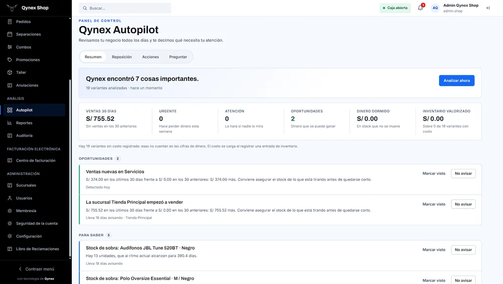 Resumen de Autopilot con ventas de 30 días, urgente, atención, oportunidades, dinero dormido y avisos de stock