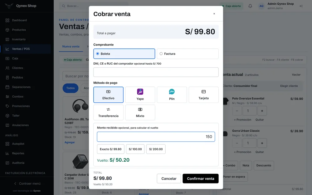Ventana de cobro con boleta o factura, métodos de pago Efectivo, Yape, Plin, Tarjeta, Transferencia y Mixto, y el vuelto calculado