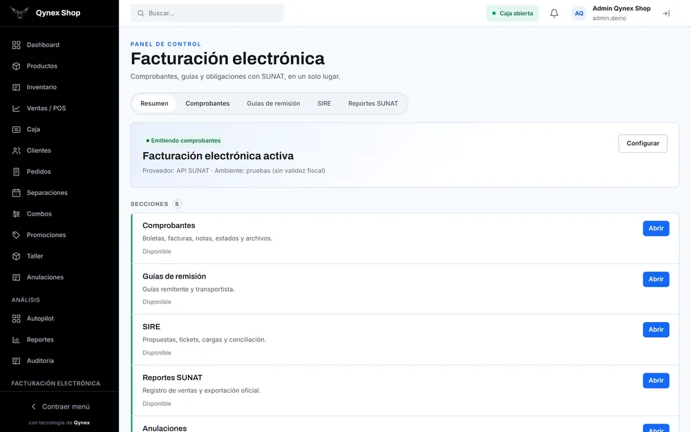 Centro de facturación electrónica con comprobantes, guías de remisión, SIRE, reportes SUNAT y anulaciones