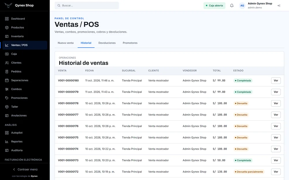 Historial de ventas con número de venta, fecha, sucursal, vendedor, total y estado