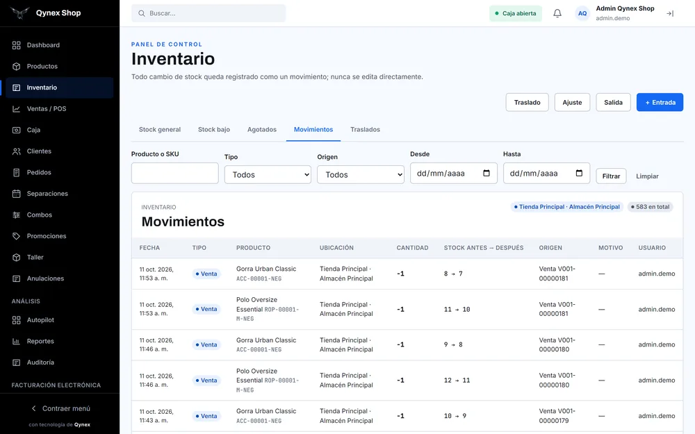 Movimientos de inventario: cada venta descuenta una unidad y muestra el stock antes y después