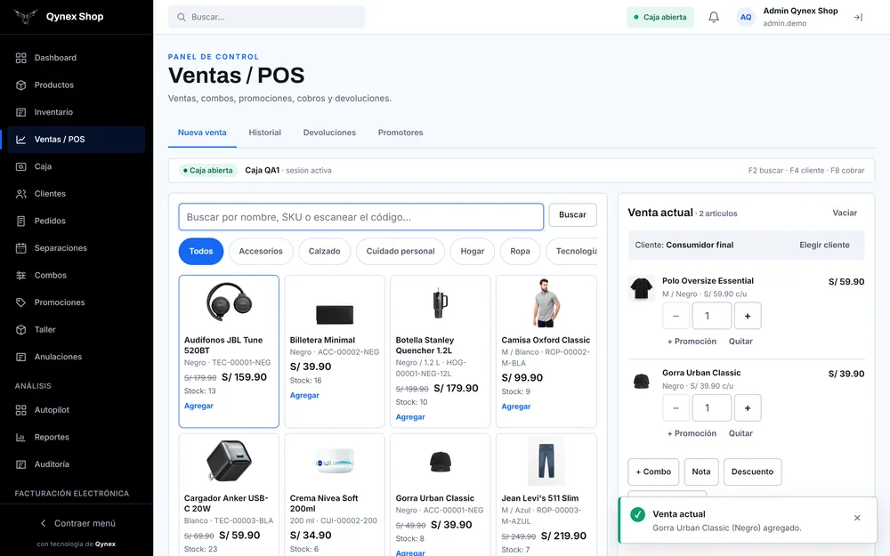 Punto de venta con el catálogo por categorías y una venta en curso con un polo y una gorra