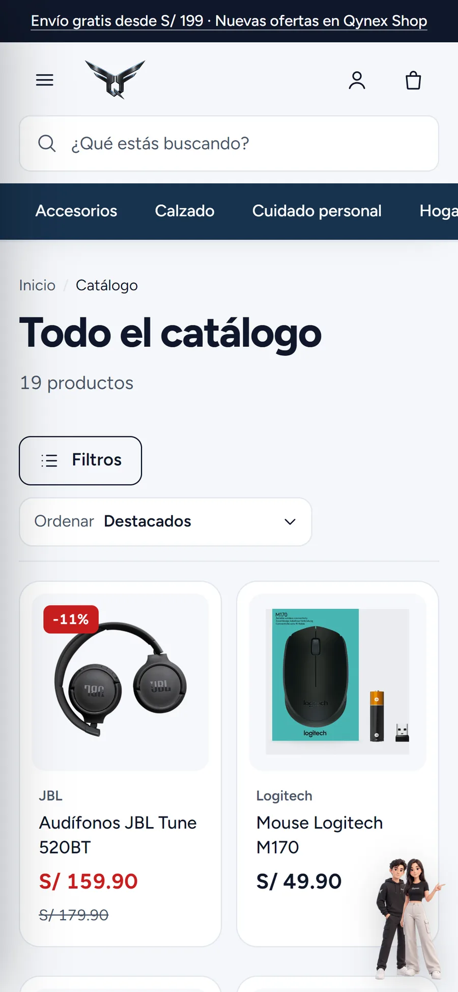 Catálogo de la tienda online en un teléfono, con buscador, categorías, filtros y productos con descuento