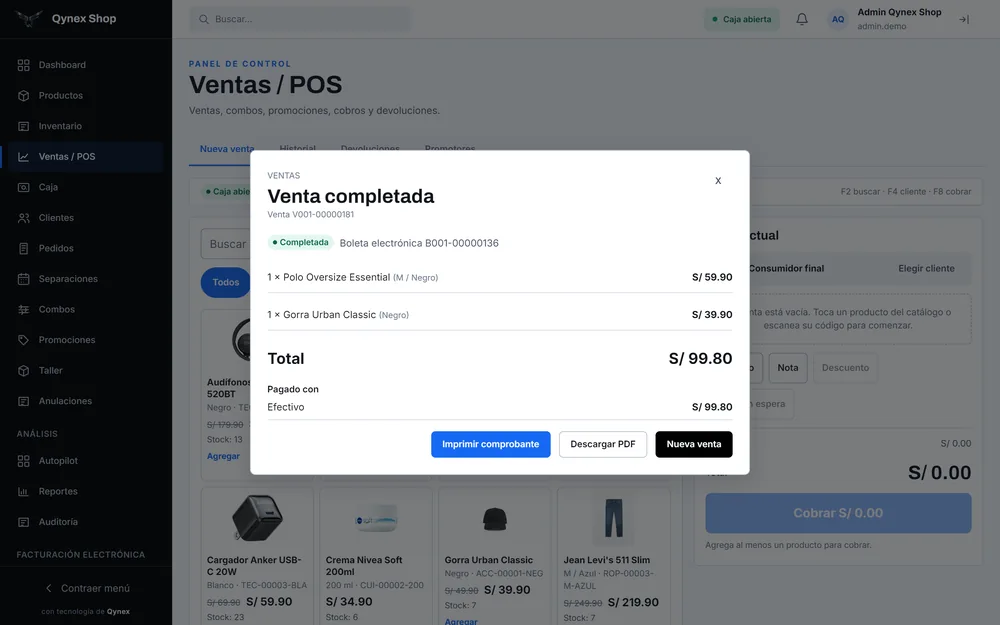 Venta completada con su boleta electrónica, los dos productos vendidos, el total y el medio de pago